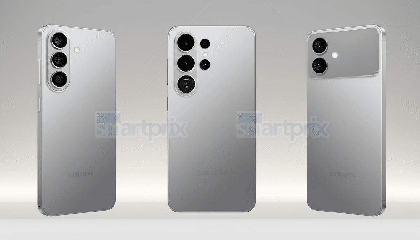 Three views of a silver Samsung smartphone, showcasing its back with multiple camera lenses, presented on a professional flat design background with soft gradients.