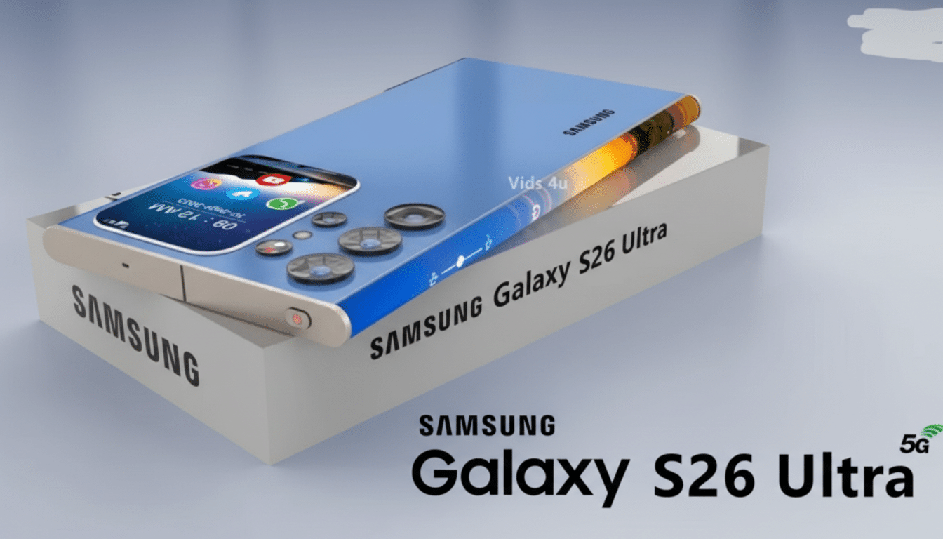A Samsung Galaxy S26 Ultra phone, blue with a curved screen, resting on a white box with SAMSUNG Galaxy S26 Ultra text.