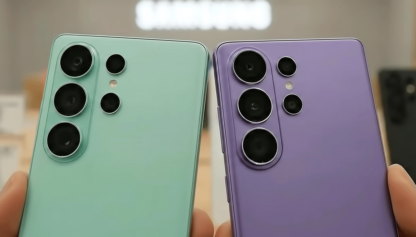 Two hands holding up two Samsung Galaxy S23 Ultra phones, one in light green and one in purple, showcasing their camera arrays.