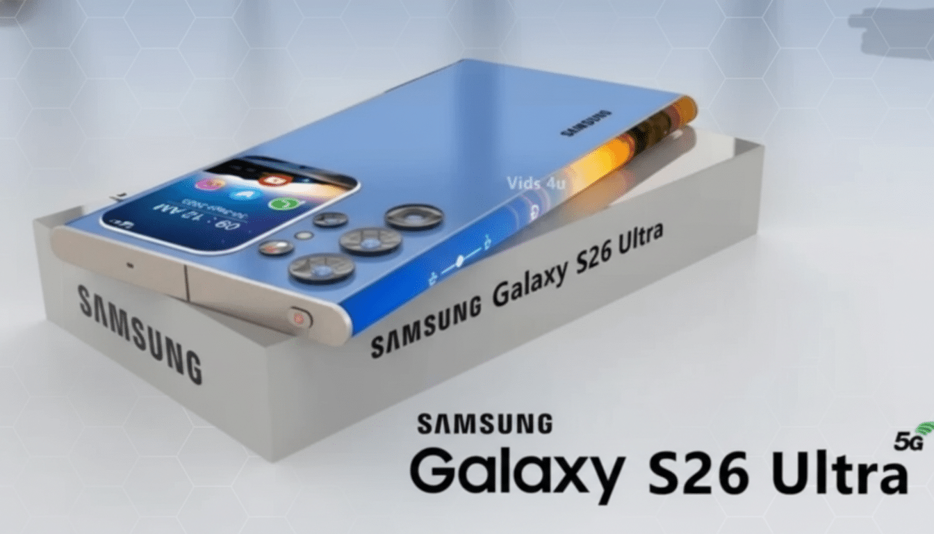 A Samsung Galaxy S26 Ultra phone with a blue back and a curved screen, resting on a white box with SAMSUNG Galaxy S26 Ultra written on it. The background is a professional flat design with soft patterns.