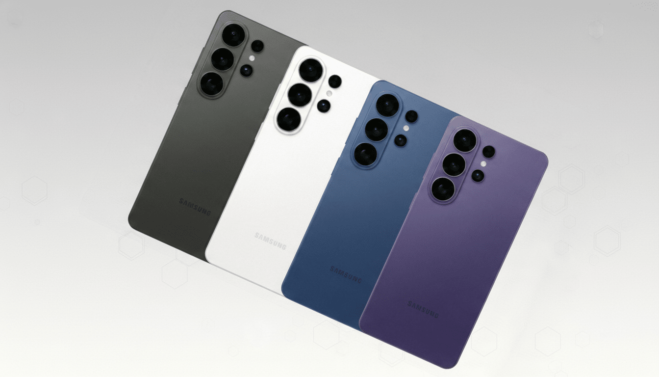 Four Samsung Galaxy S23 Ultra phones in black, white, blue, and purple, arranged diagonally on a professional flat design background with soft patterns.