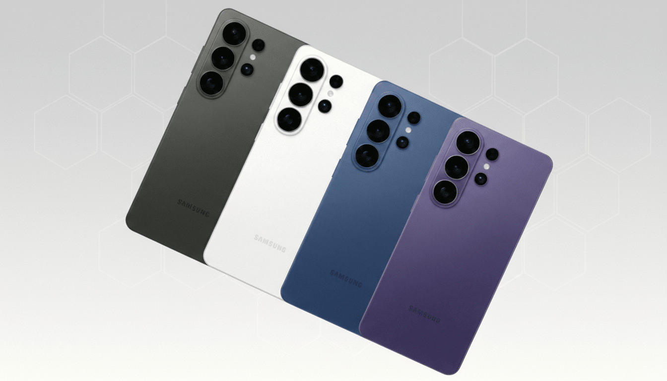 Four Samsung Galaxy S23 Ultra phones in black, white, blue, and purple, arranged diagonally on a light gray background with a subtle hexagonal pattern.