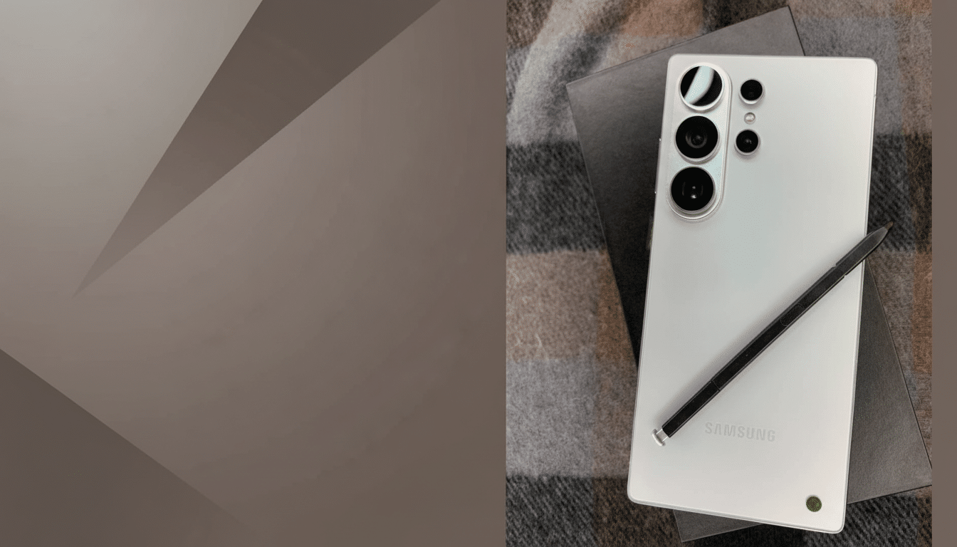 A silver Samsung smartphone with a black stylus resting on it, placed on a plaid fabric and a dark box, with a professional flat design background featuring soft brown gradients.