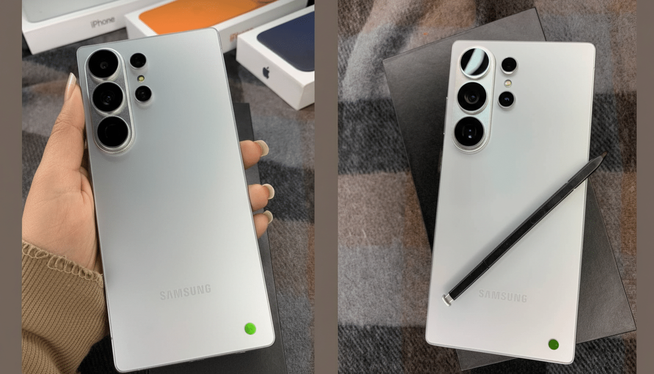 A silver Samsung smartphone with a black stylus lying diagonally across it, presented on a professional flat background with soft patterns.