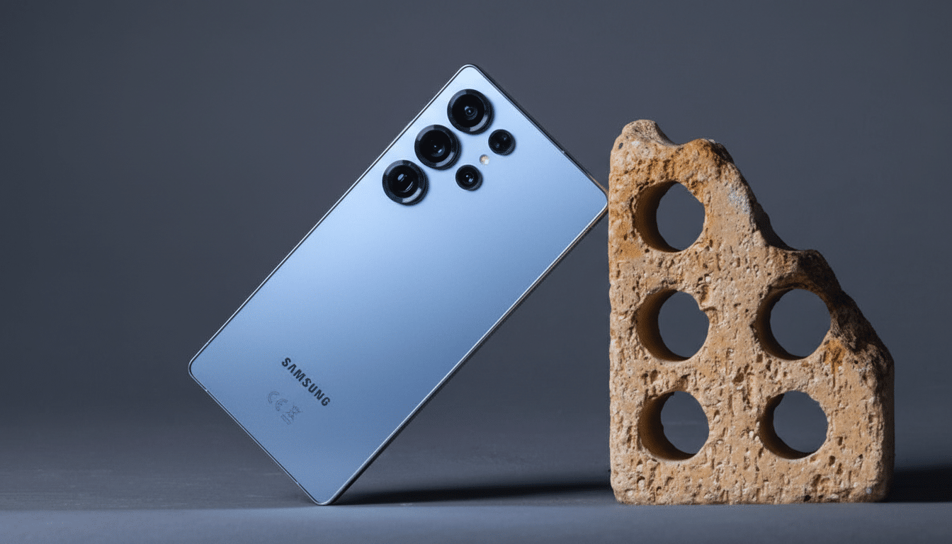 A light blue Samsung smartphone with multiple cameras on its back, leaning against a textured, light brown brick with several circular holes, all set against a dark gray background.