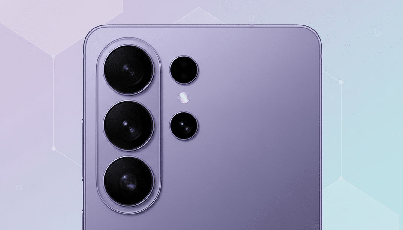A close-up, professional shot of the top portion of a lavender smartphone, showcasing its three prominent camera lenses arranged vertically on the left side, with two smaller lenses and a flash to their right. The background is a soft gradient of light purple and blue with subtle geometric patterns.