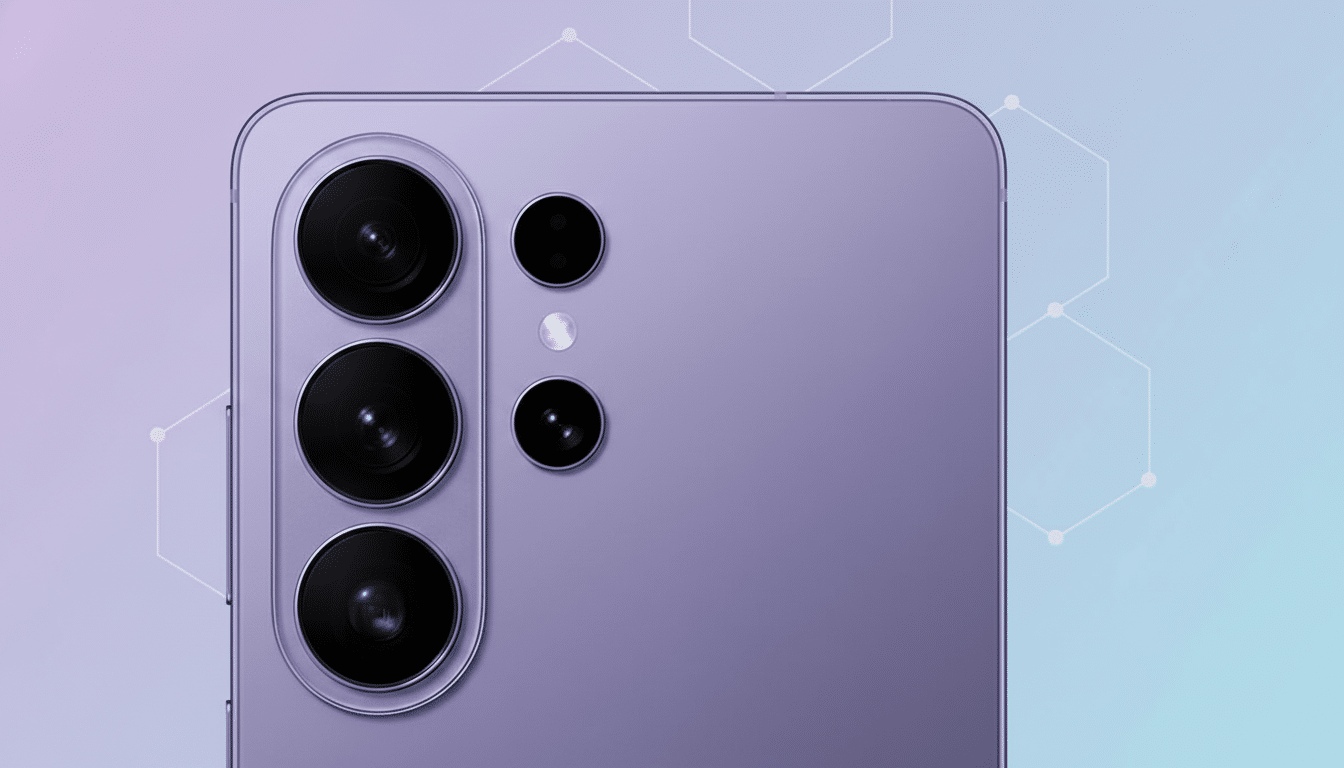 A close-up, professional shot of the top portion of a lavender smartphone, showcasing its three main camera lenses, two smaller lenses, and a flash, set against a soft, gradient background with subtle geometric patterns.