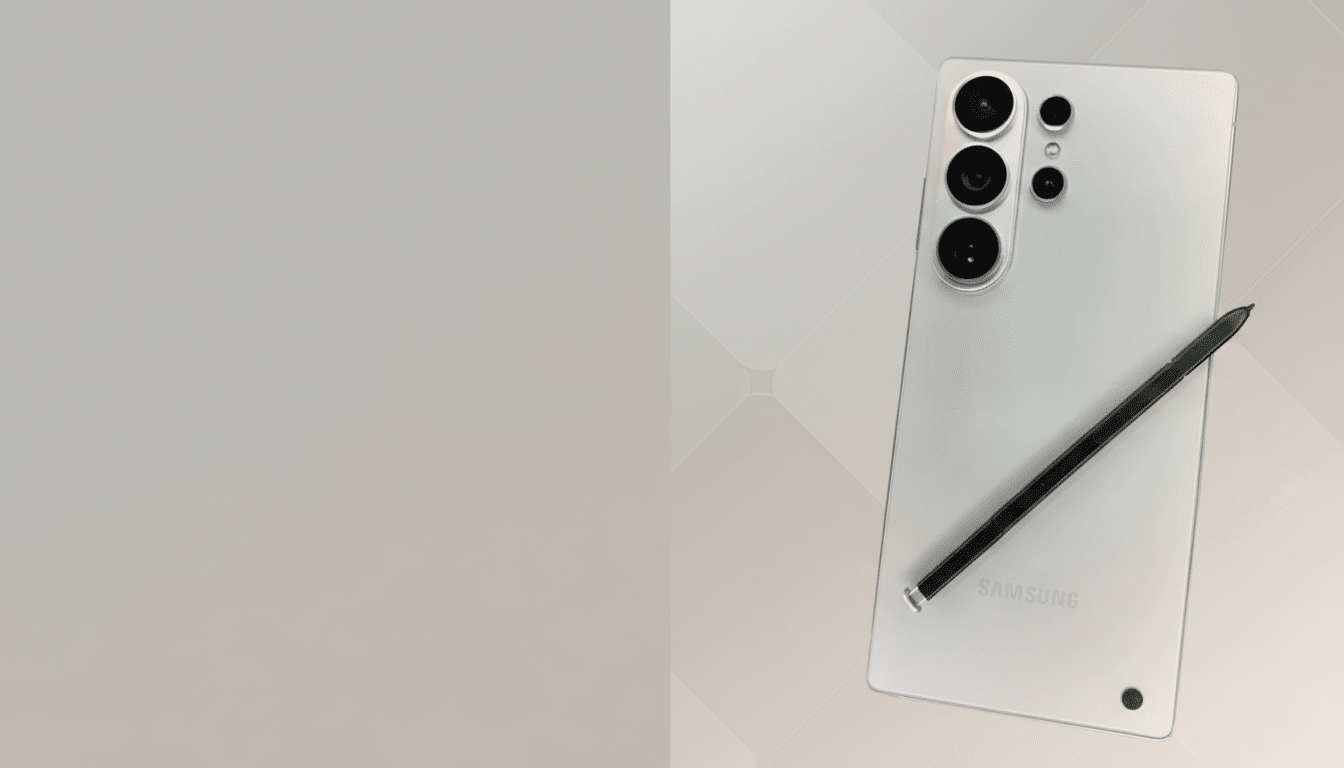 A Samsung smartphone in a professional 16:9 aspect ratio, with a flat design background featuring soft patterns and gradients.