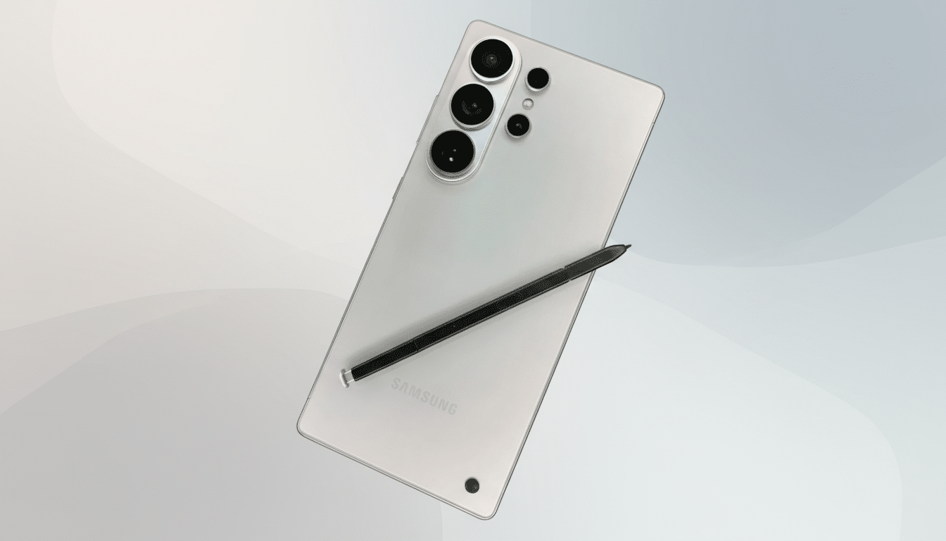 A silver Samsung smartphone with a black stylus resting on its back, presented on a professional flat design background with soft gradients.