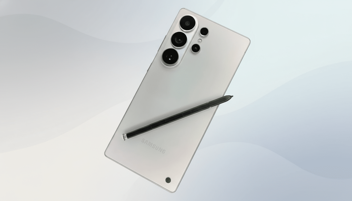 A silver Samsung smartphone with a black stylus resting on its back, presented on a professional flat design background with soft patterns and gradients.