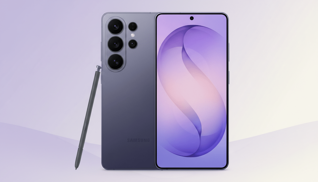 A purple smartphone with a stylus, presented in a 16:9 aspect ratio with a professional flat design background featuring soft purple and white gradients.