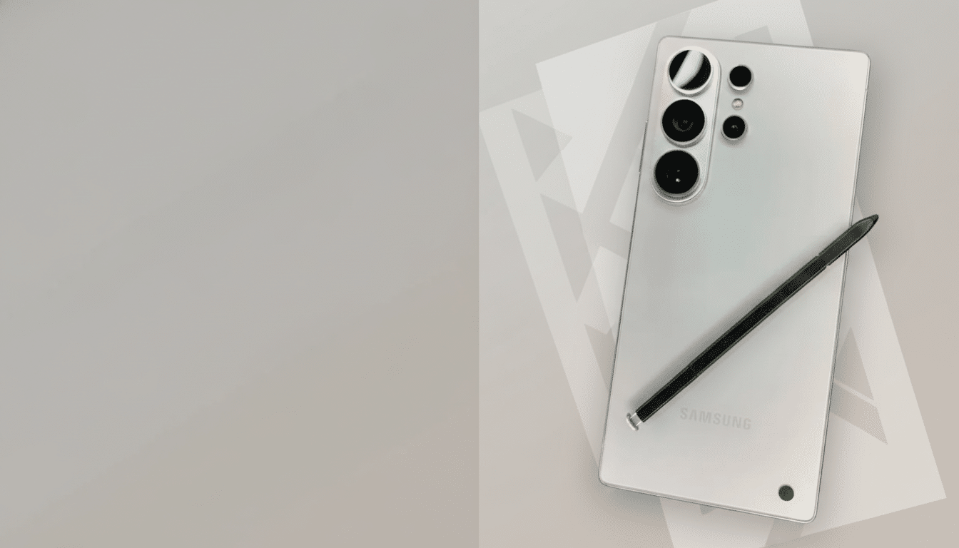 A silver Samsung smartphone with a black stylus lying on a professional flat design background with soft patterns and gradients.