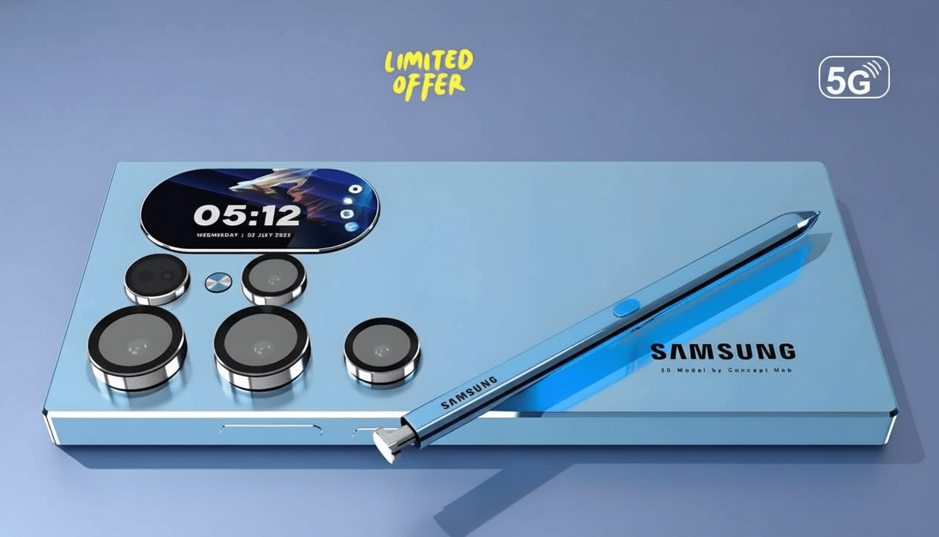 A light blue Samsung smartphone with a stylus, displayed on a professional flat design background with soft gradients. The phone shows 05:12 WEDNESDAY | 02 JULY 2023 on its screen, and LIMITED OFFER and 5G logos are visible in the top corners.