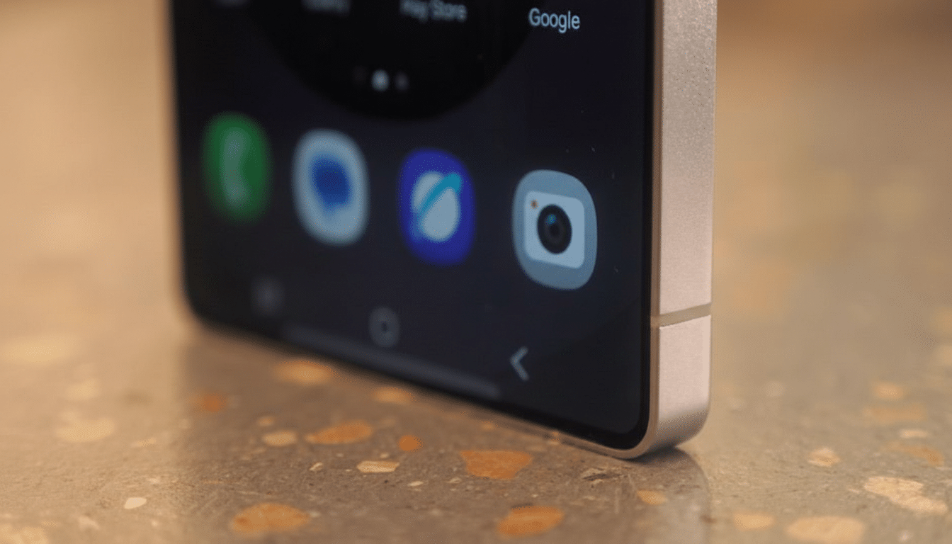 A close-up, professionally enhanced image of a smartphone in a 16:9 aspect ratio, showing the bottom right corner of the screen with app icons and the silver side casing, resting on a textured surface.