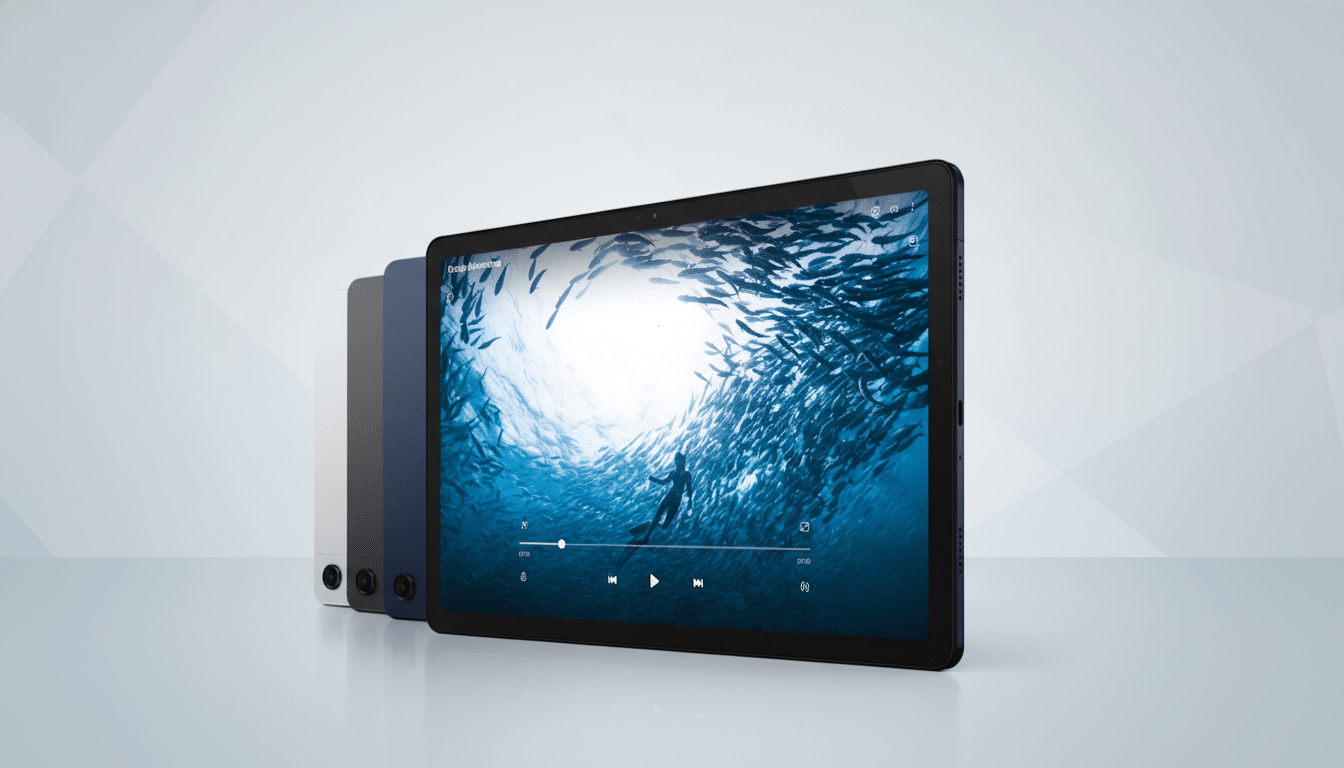 A row of tablets in various colors, with the front-most tablet displaying an underwater scene of a diver among a school of fish. The background is a professional flat design with soft geometric patterns.