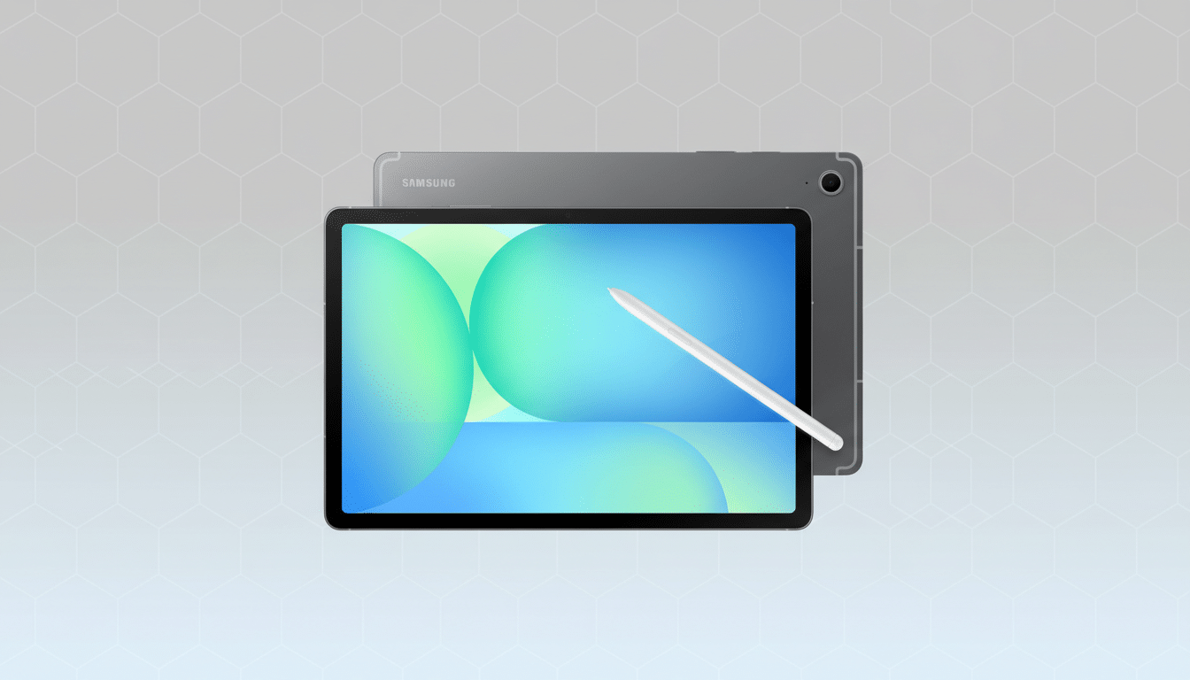 A Samsung tablet and its S Pen are displayed on a professional flat design background with soft patterns.