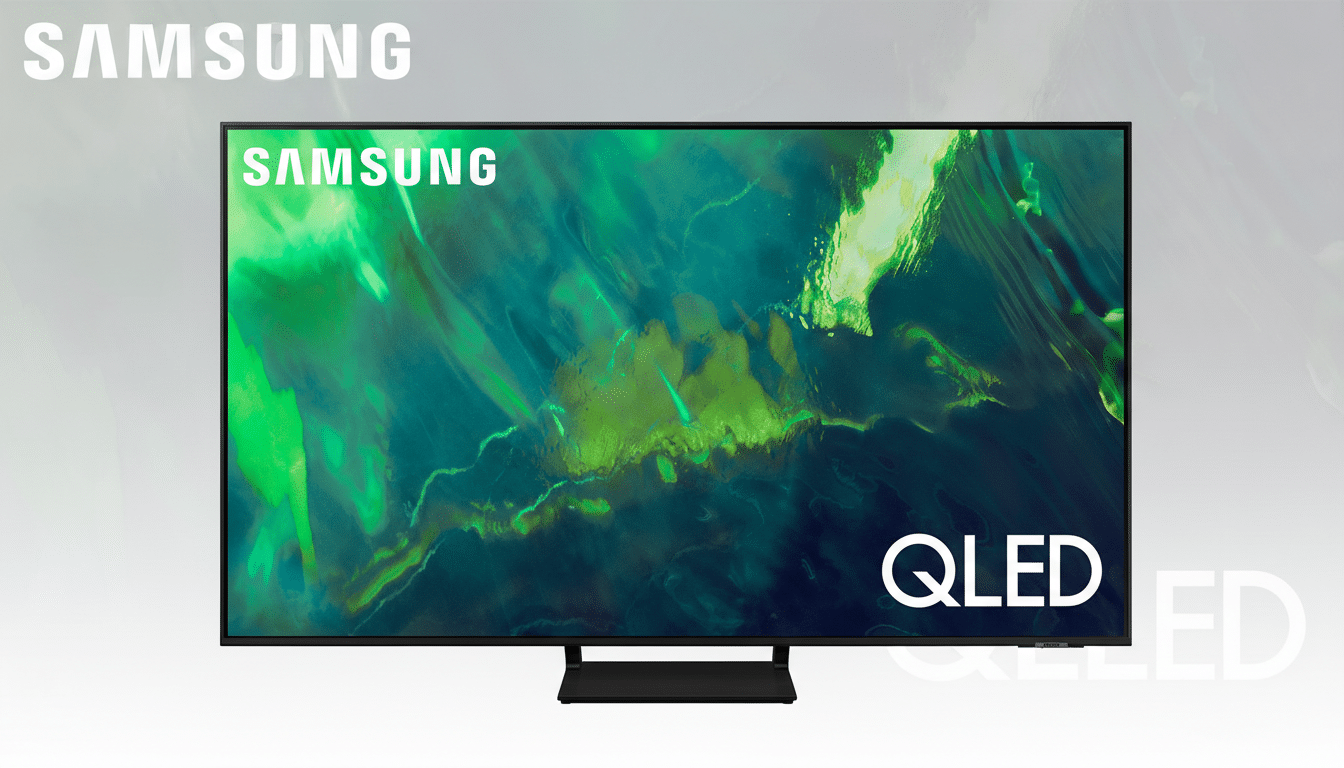 A Samsung QLED television with a green and black abstract image on the screen, set against a light gray background with subtle patterns.