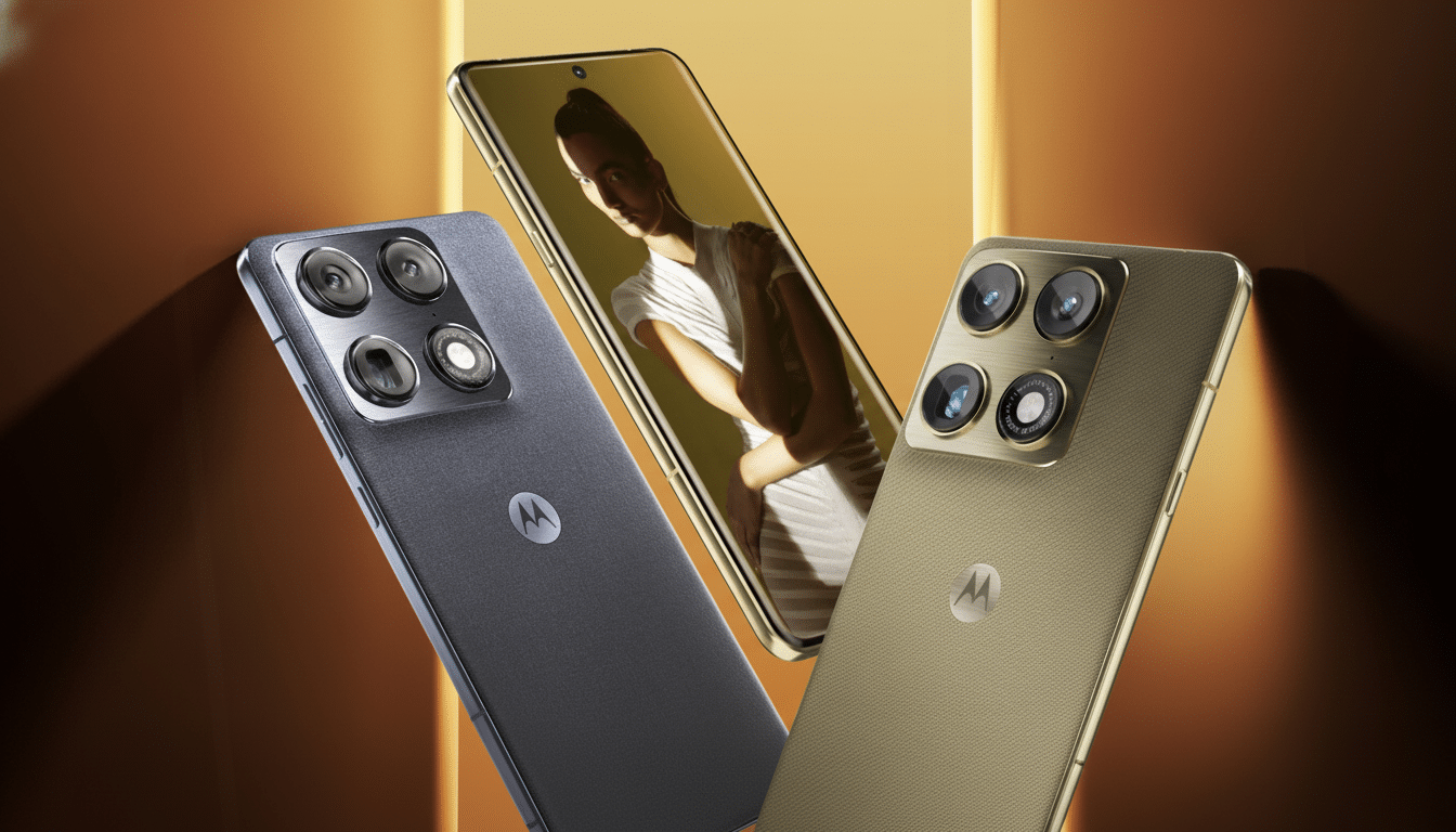 Three Motorola smartphones are displayed against a warm, golden background. Two phones are shown from the back, one in a dark gray and the other in a gold color, both featuring prominent camera arrays. The third phone, also gold, is shown from the front with a screen displaying a woman in a white top.