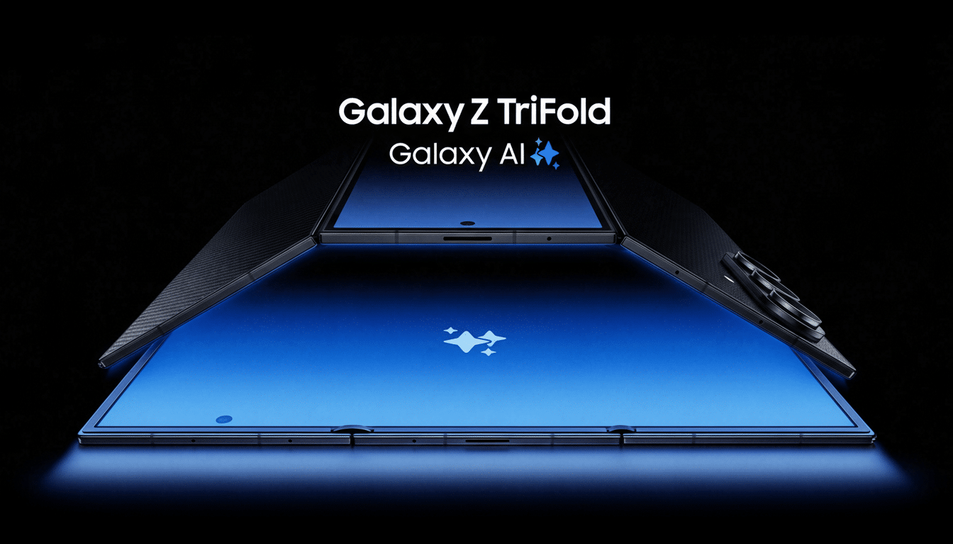 A Samsung Galaxy Z TriFold phone with a blue screen displaying the Galaxy AI logo, set against a dark background.