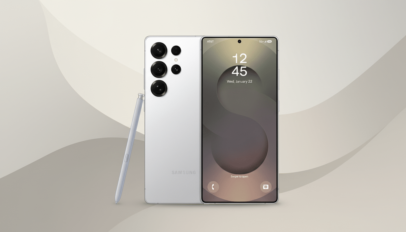 A white Samsung smartphone with a stylus, presented on a professional flat design background with soft patterns and gradients.