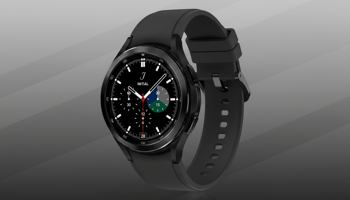 A black smartwatch with a black strap is displayed against a professional gray gradient background. The watch face is black with white markings, and features a small red hand, a white hand, and a blue and green segmented dial.