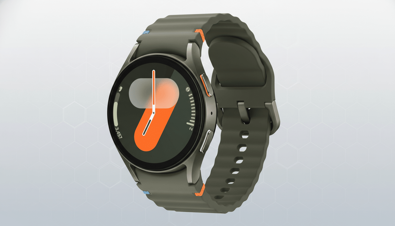 A professional 16:9 aspect ratio image of a dark green smartwatch with an orange accent on the watch face, presented on a subtle gray patterned background.