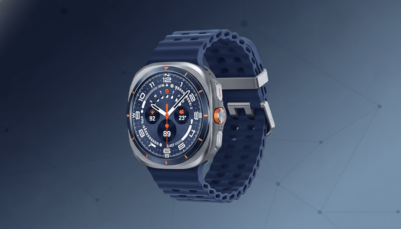A professional image of a silver smartwatch with a dark blue perforated band and a dark blue watch face with orange accents, presented on a subtle blue gradient background with a faint geometric pattern.