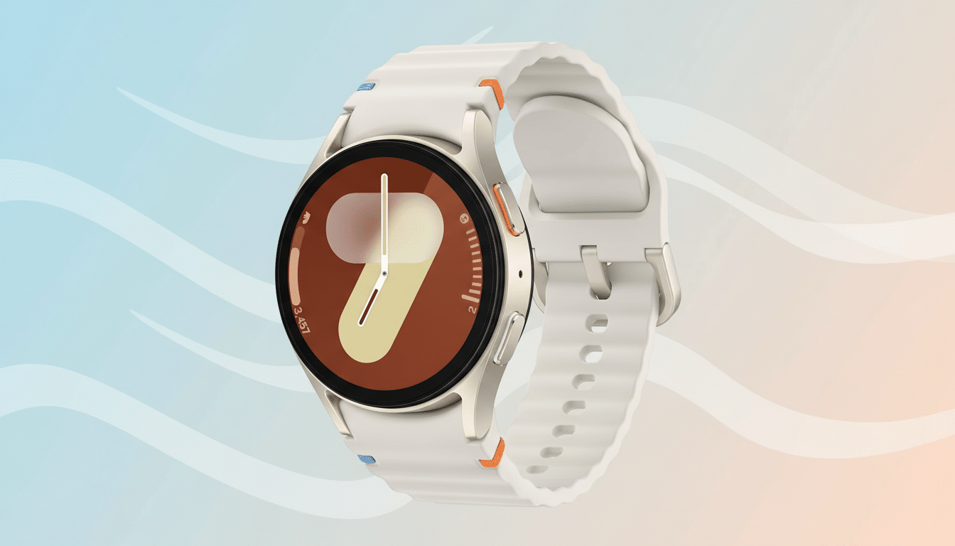A white smartwatch with a cream-colored face and a white band, set against a professional flat design background with soft blue and orange gradients and subtle wave patterns.