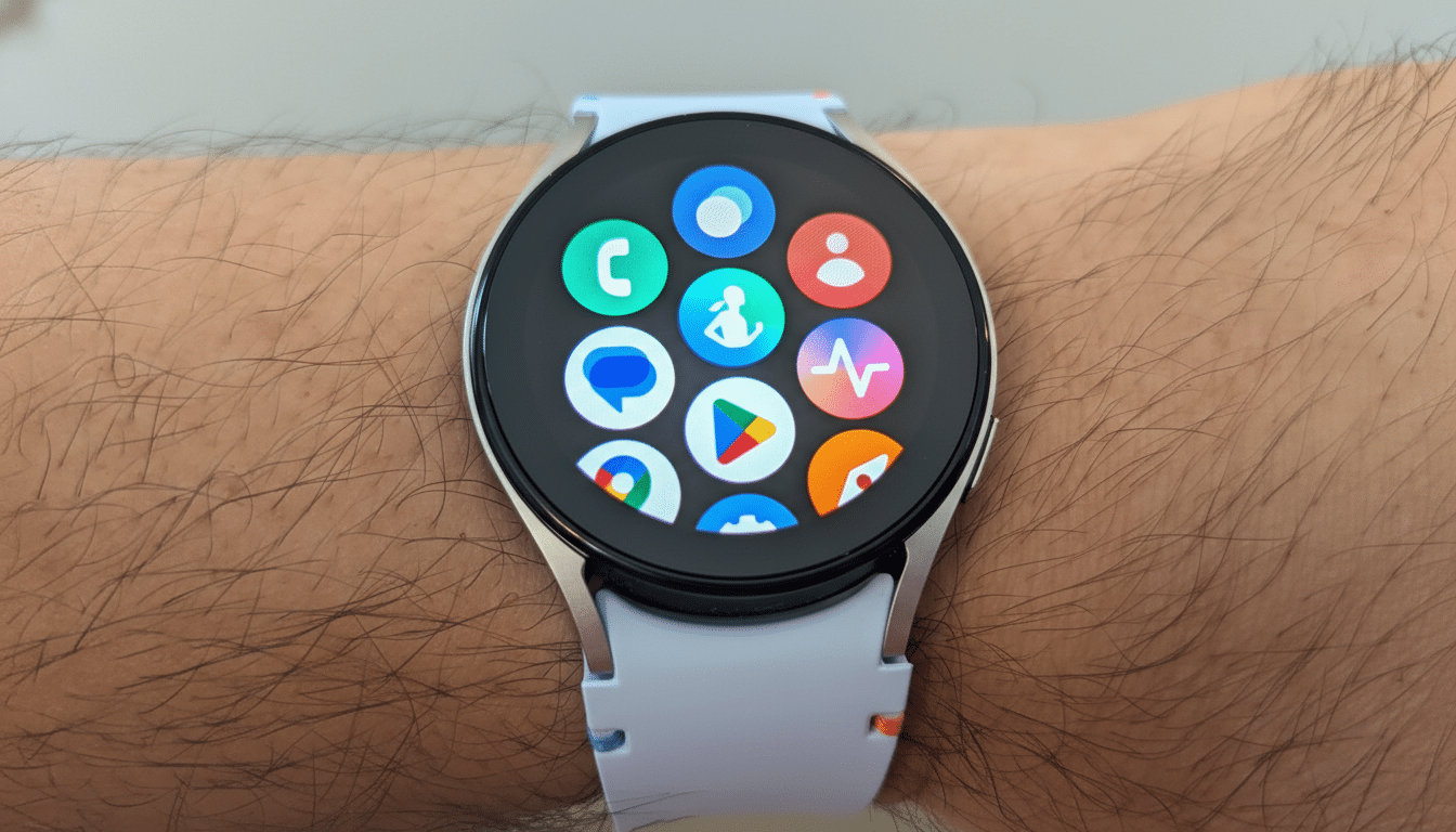 A close-up of a Samsung Galaxy Watch 4 on a persons wrist, displaying various app icons on its screen.