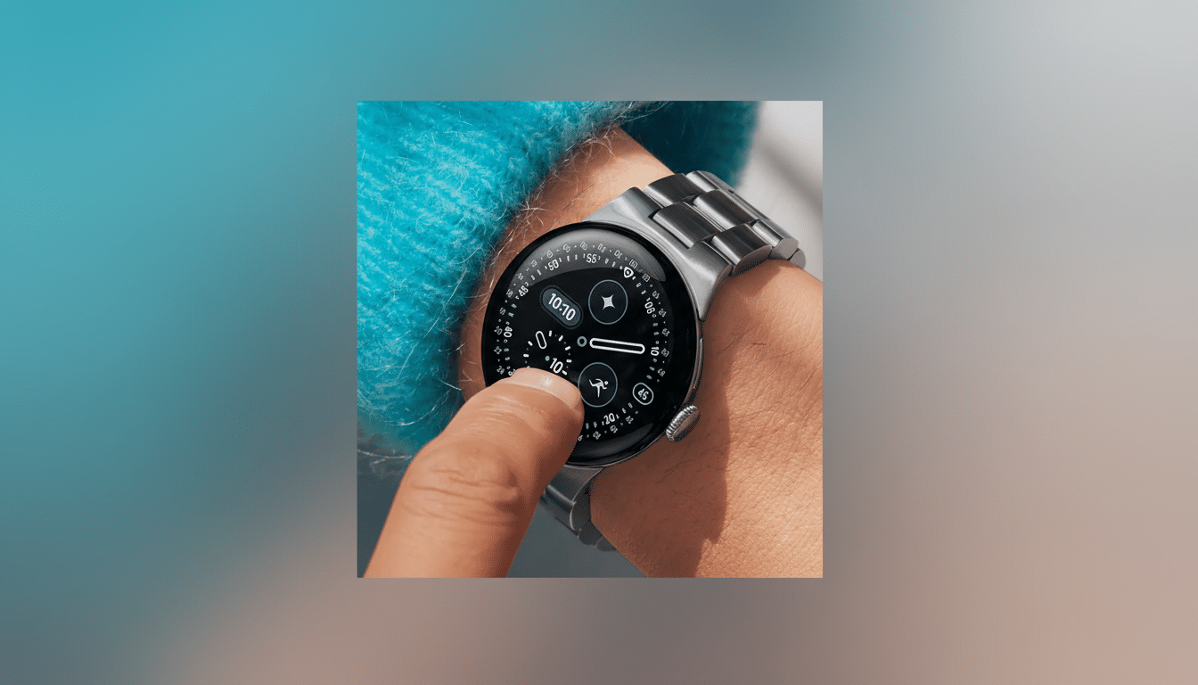 A close-up of a persons wrist wearing a silver smartwatch with a black face, displaying the time 10:10 and various app icons. The persons finger is touching the screen. The background is a gradient of blue and grey.