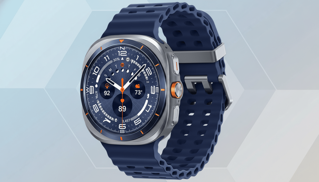 A professional image of a smartwatch with a dark blue strap and a metallic gray casing, featuring a dark blue watch face with orange accents, set against a soft, light blue and gray gradient background.