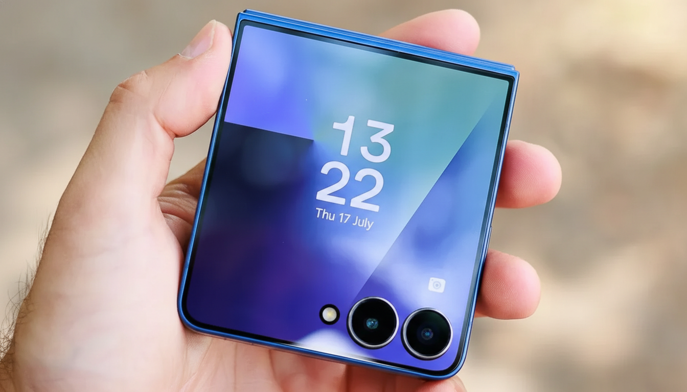 A hand holding a blue foldable smartphone, displaying the time and date on its screen.