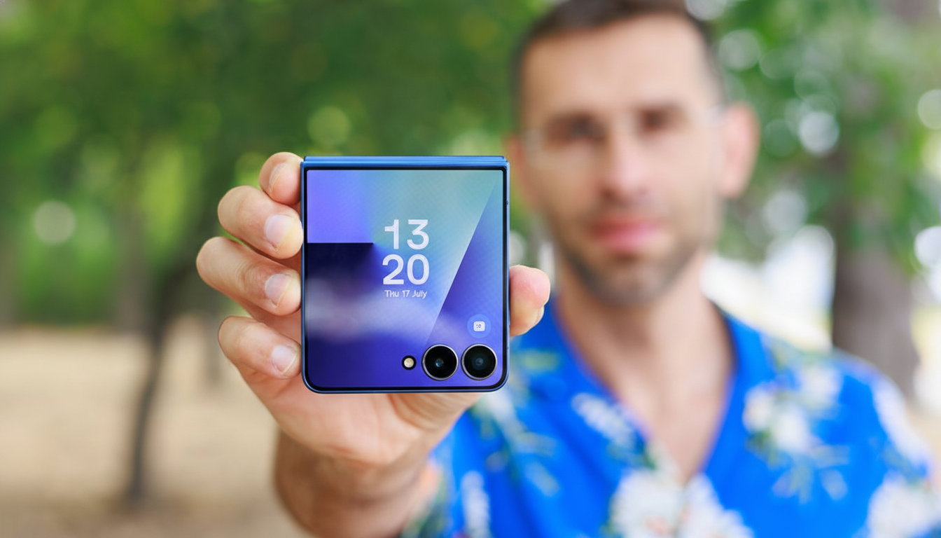 A man in a blue floral shirt holding up a blue foldable smartphone, resized to a 16:9 aspect ratio.