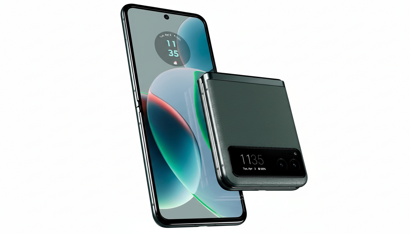 A Motorola Razr 40 Ultra smartphone, partially unfolded and displaying a clock and weather, next to a closed Motorola Razr 40 Ultra, both in a dark green color.