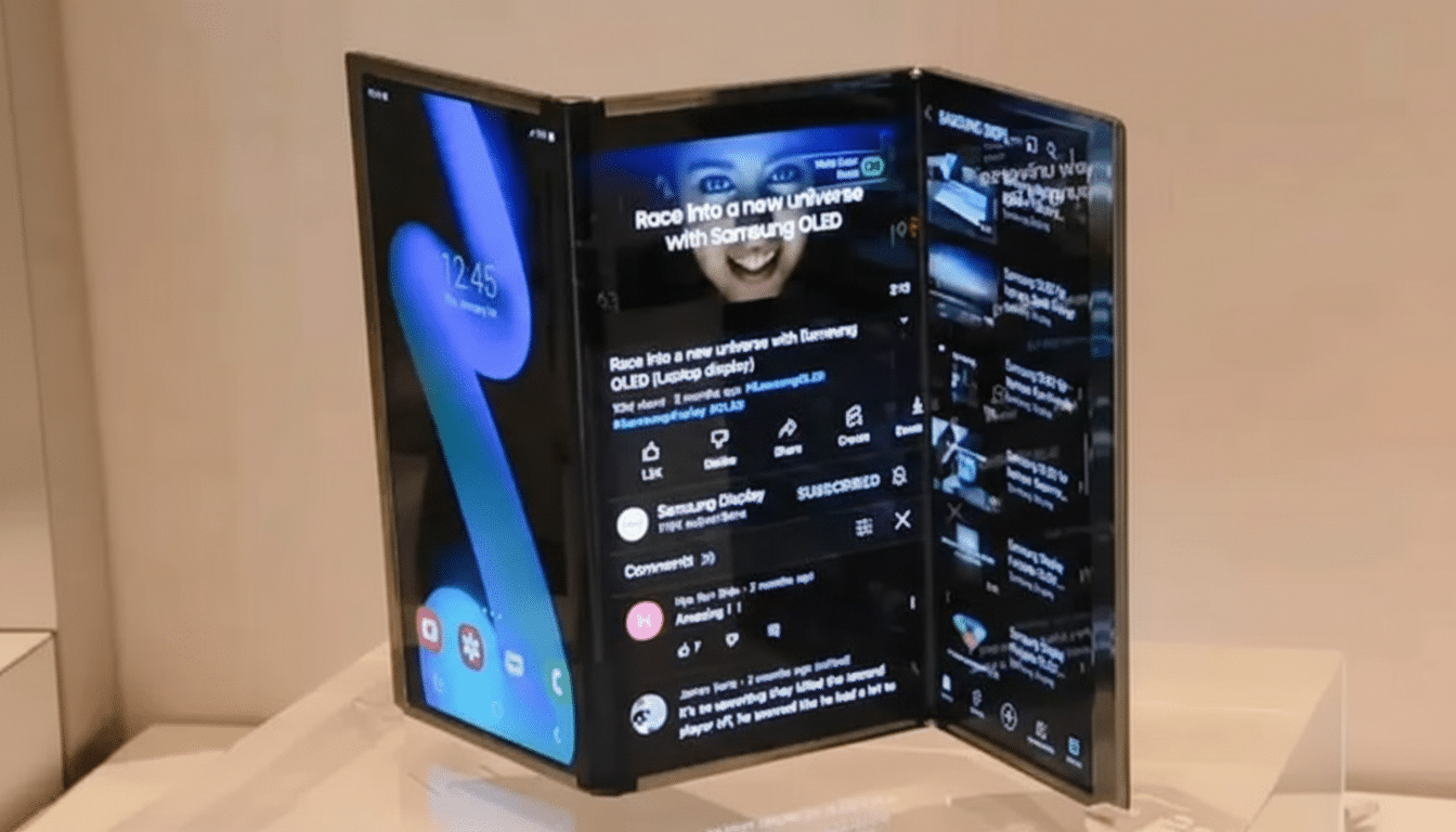 A Samsung foldable display device, open to show three screens, with a YouTube video playing on the center screen.