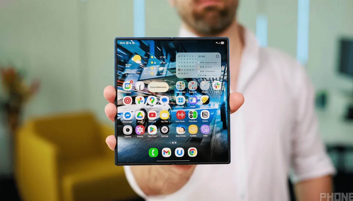 A person holding a foldable smartphone with a vibrant display showing various app icons and widgets.