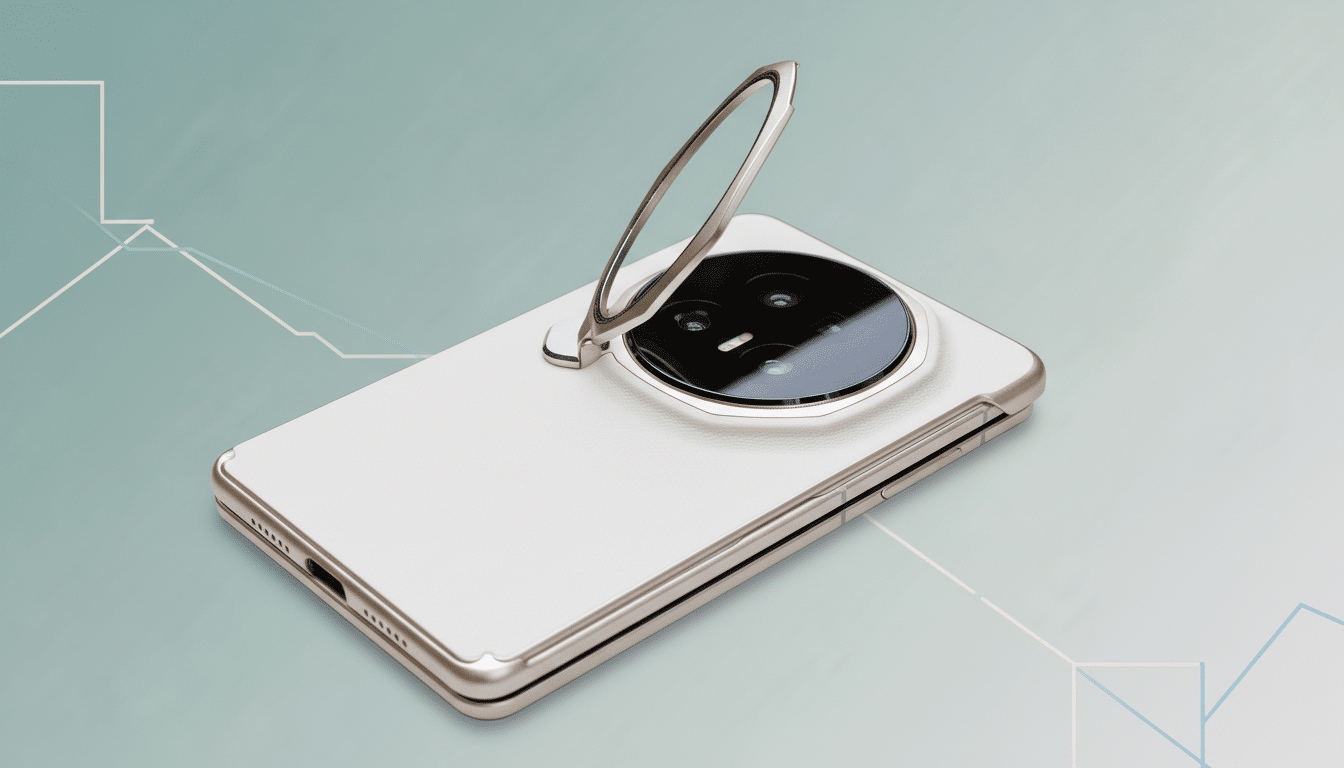 A white smartphone with a large circular camera module and a kickstand ring, set against a professional flat design background with soft patterns.