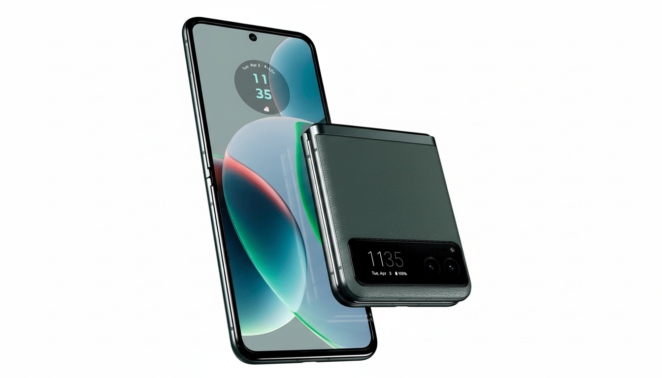 A sleek, dark green foldable smartphone is displayed in both its open and closed forms against a clean white background. The open phone shows a vibrant screen with a clock and date, while the closed phone displays a smaller screen with similar information.