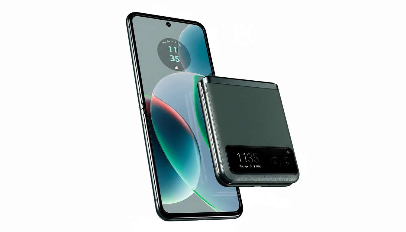 A 16:9 aspect ratio image of a dark green foldable smartphone, one shown unfolded and the other folded, against a white background.