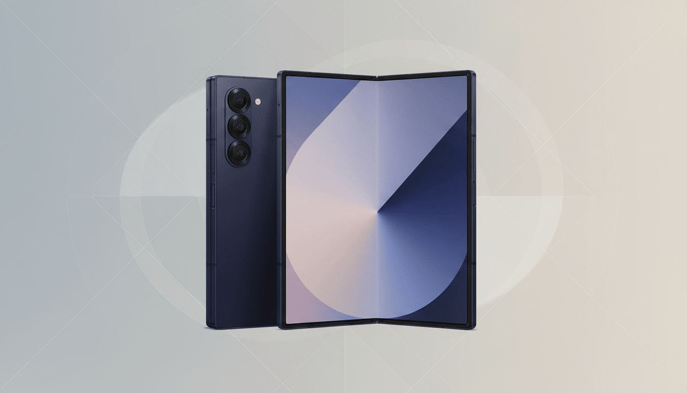A dark blue foldable smartphone, with one half folded open to display a screen with a gradient design, and the other half showing its camera array, set against a professional gradient background.