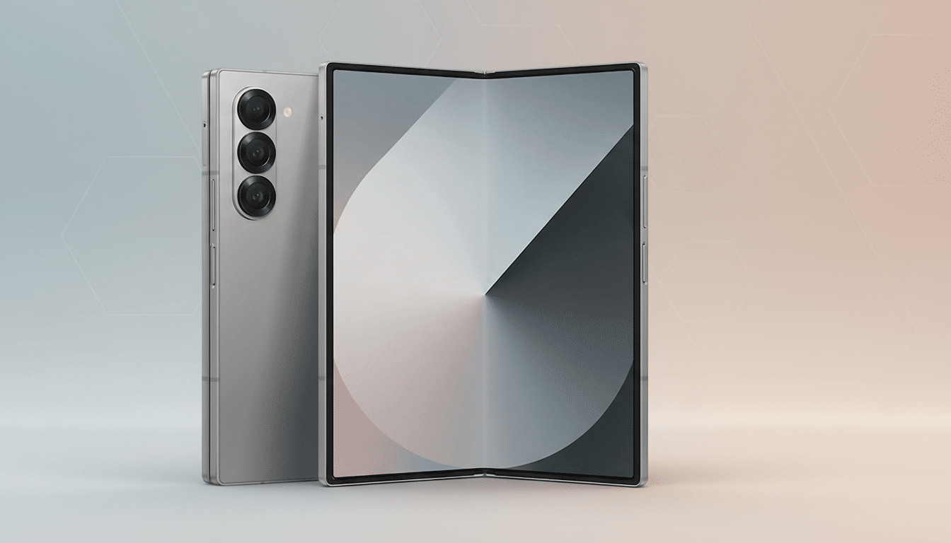 A silver foldable smartphone is displayed in a 16:9 aspect ratio. The phone is partially folded, showing its screen with a gradient design and its rear camera array. The background is a soft, professional gradient with subtle geometric patterns.