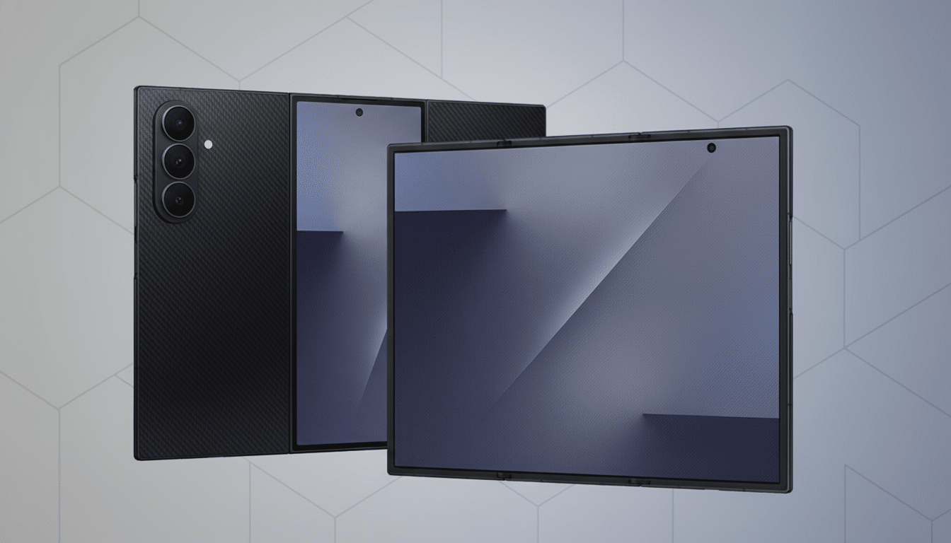 A black foldable smartphone with a textured back and a screen displaying a blue and grey abstract pattern, presented on a professional flat design background with soft geometric patterns.