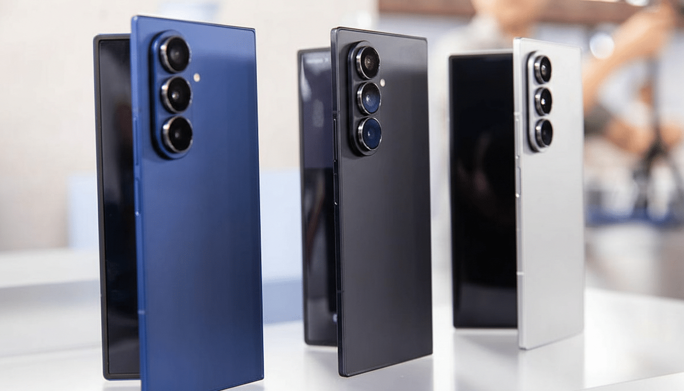 Three smartphones, one blue, one black, and one silver, are displayed upright on a white surface, showcasing their camera arrays.