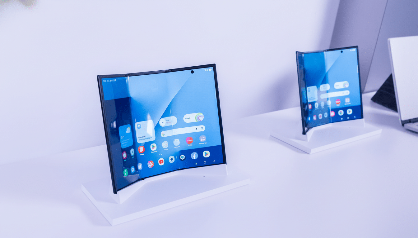 Two foldable smartphones displayed on white stands, with the foreground phone open to a blue interface and the background phone partially folded.