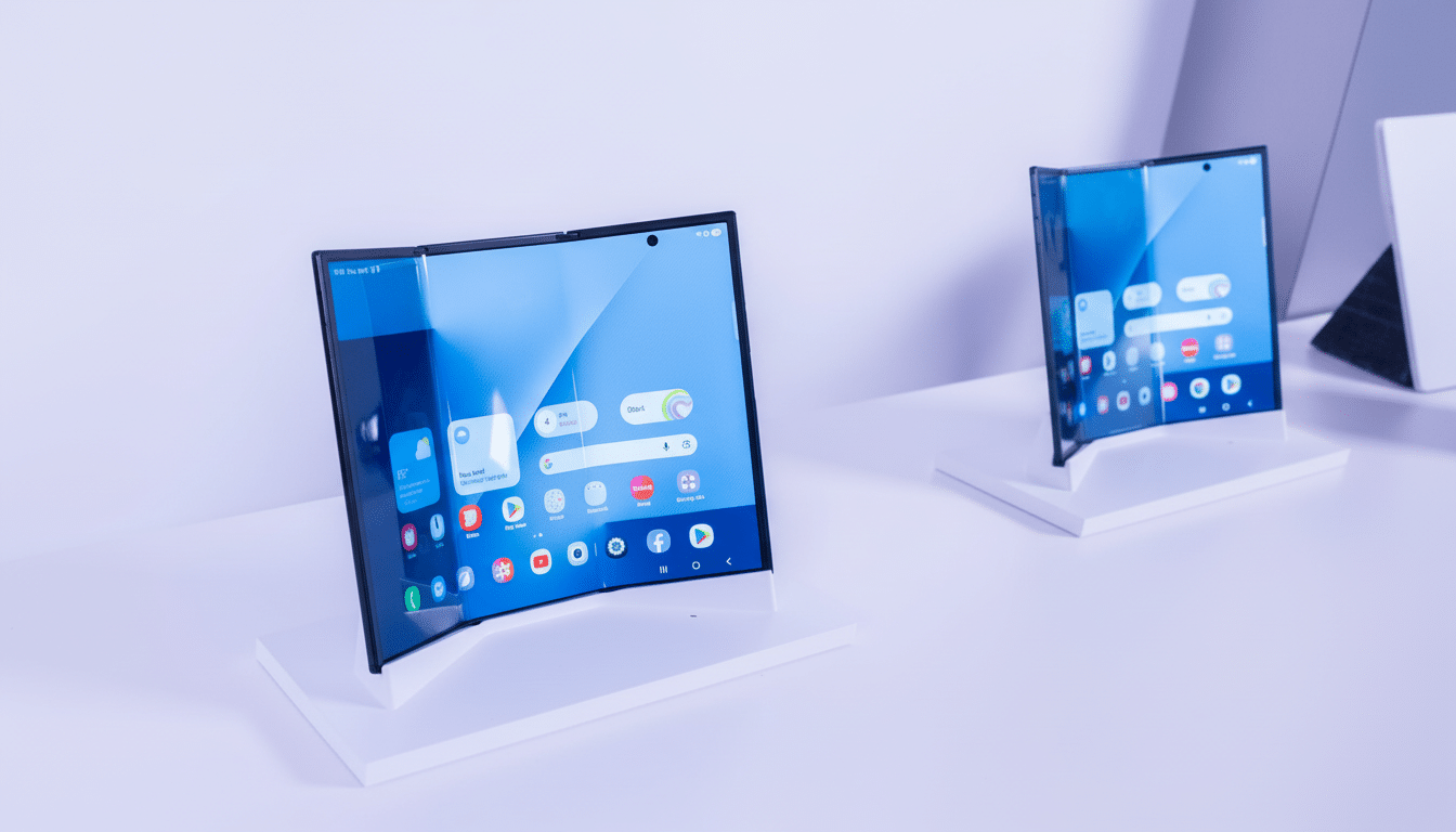 A 16:9 aspect ratio image of two foldable smartphones on white stands, with the foreground phone displaying a home screen with various app icons and a blue wallpaper.