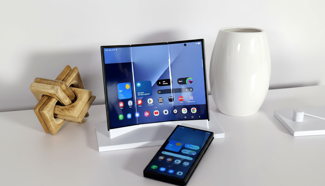 A foldable smartphone displayed in both its unfolded tablet-like form and its folded phone form, resting on a white surface next to a decorative wooden object and a white vase.