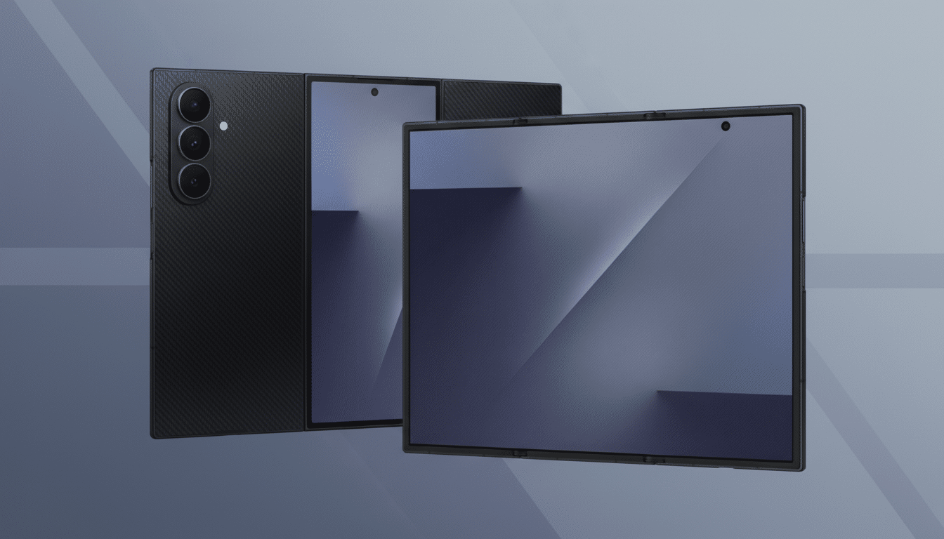 A black foldable smartphone is displayed against a professional flat design background with soft gray and blue gradients and subtle diagonal patterns. The phone is shown both partially folded and fully open, showcasing its screens and camera array.