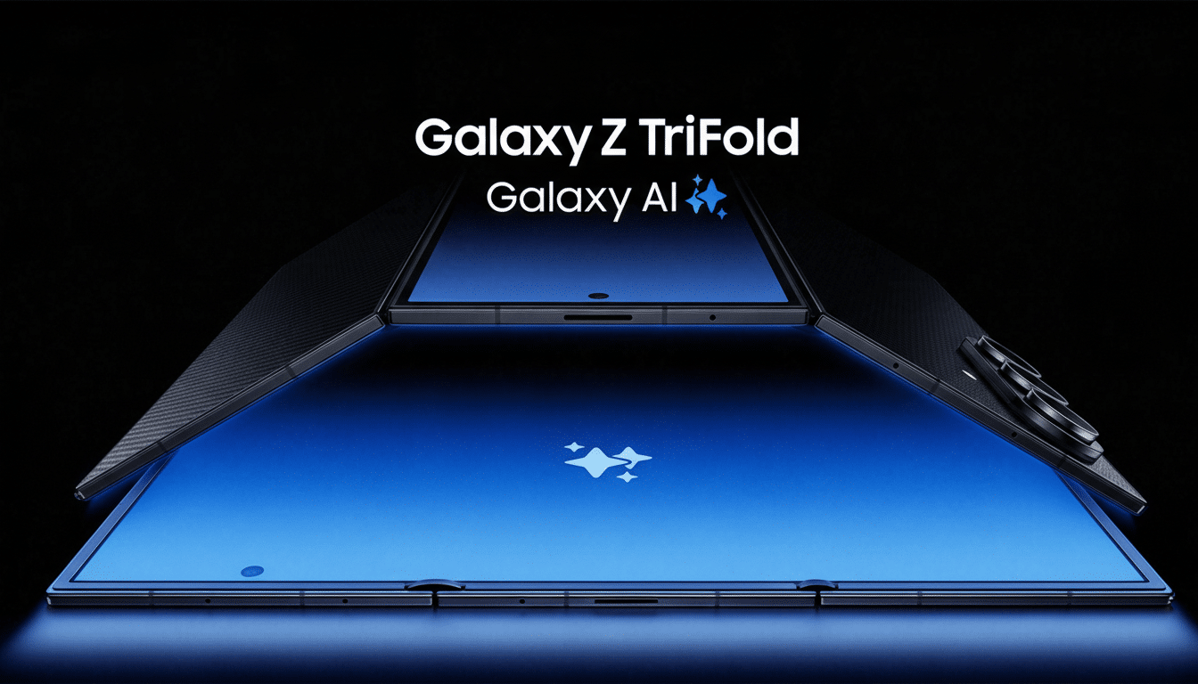 A Samsung Galaxy Z TriFold phone, partially open, displaying a blue screen with a white star icon, against a dark background.