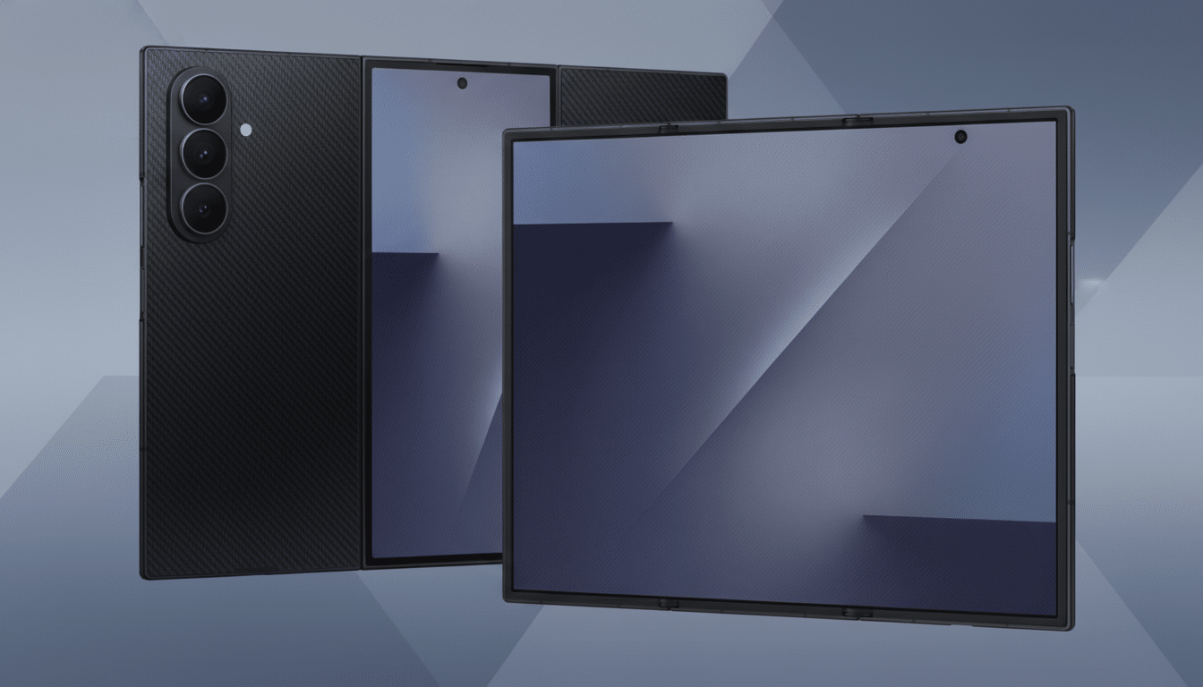 A black foldable smartphone, partially open, with a second, fully open foldable smartphone in the foreground, both displaying a blue and grey abstract wallpaper, set against a professional flat design background with soft blue and grey gradients and subtle patterns.