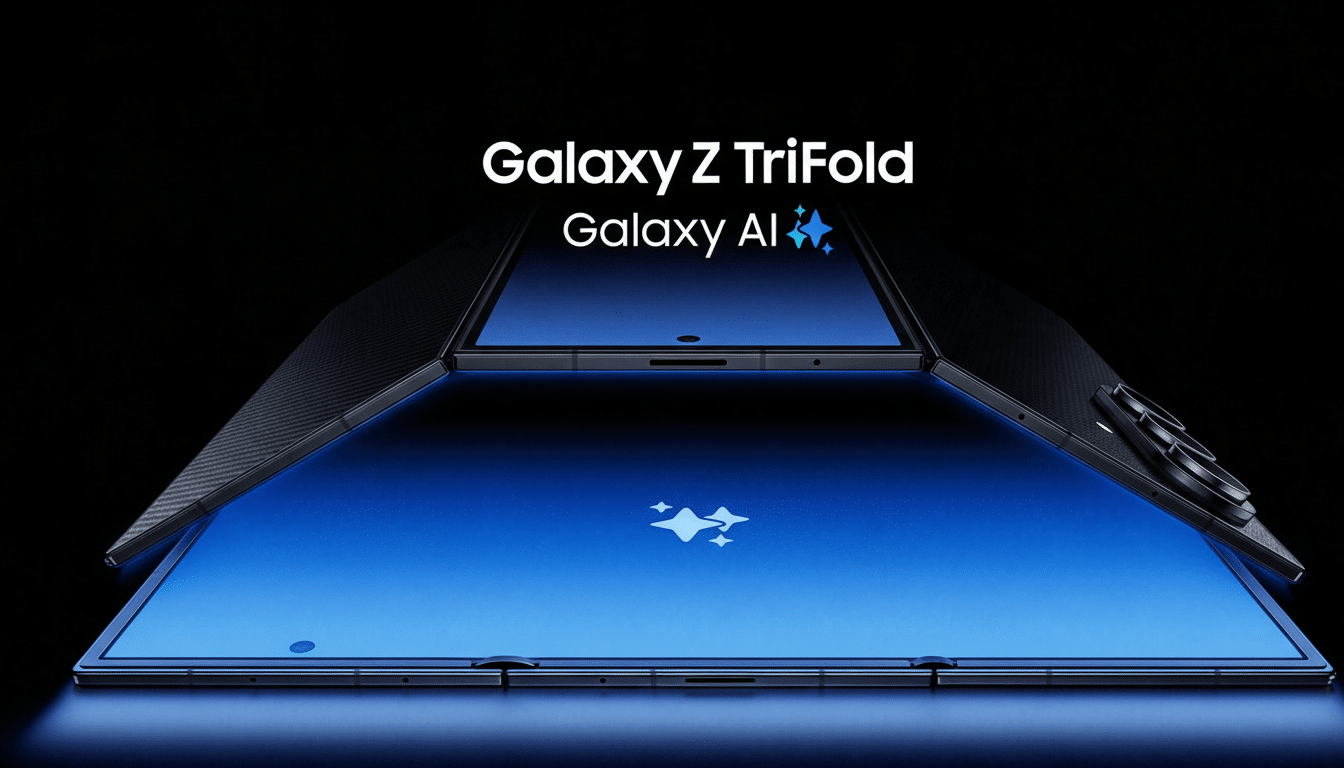 A Samsung Galaxy Z TriFold phone with a blue screen displaying the Galaxy AI logo, set against a dark background.